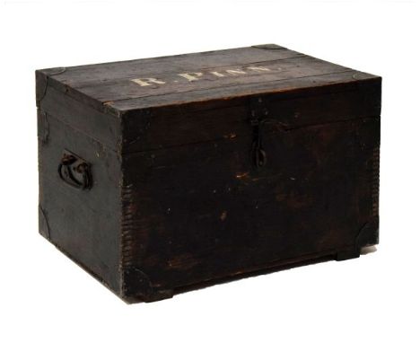 Early 20th Century oak strong box or trunk with painted name to lid, 47.5cm wide  