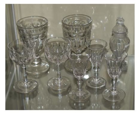 Group of mainly 19th Century glassware to include; an unusual Neo-classical-style condiment jar and cover with lemon squeezer