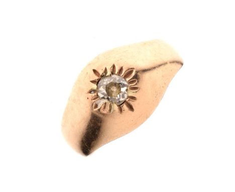 Gentleman's yellow metal and diamond-set dress ring, the gypsy-set stone to a heavy gauge shank stamped 9ct, size U, 8.4g gro