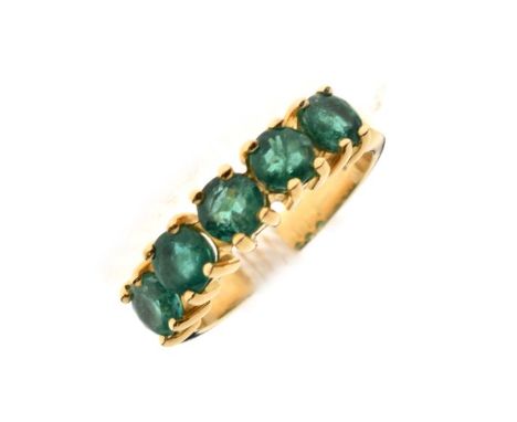 18ct gold and six-stone emerald ring, size N, 4.7g gross approx  