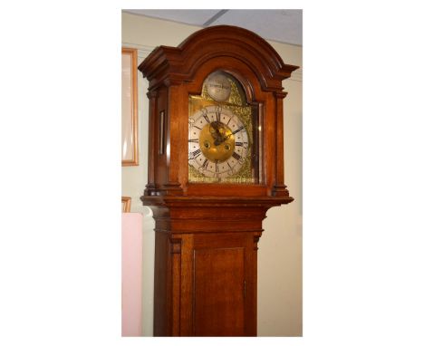 19th Century oak-cased eight day brass dial longcase clock, Anonymous, the break-arched dial with silvered chapter ring havin