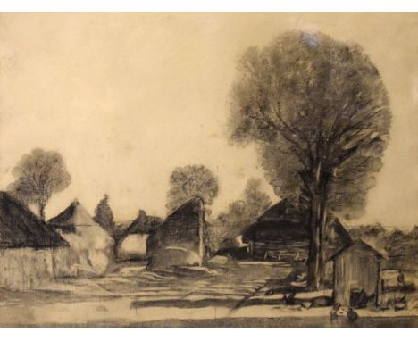 Early 20th Century English School - Charcoal sketch - Study of a farmyard scene, 29cm x 37.5cm, framed and glazed  