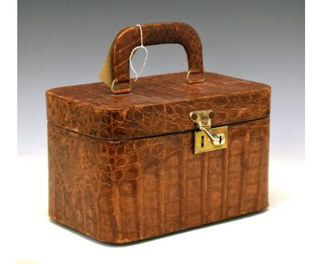 Vintage crocodile skin vanity or travel case, the red plush interior with mirror and removable jewellery tray, 28cm wide x 17