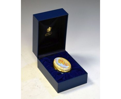 Halcyon Days enamel oval box to commemorate the Golden Jubilee of HM Queen Elizabeth II 2002, limited edition 302/750, in ori