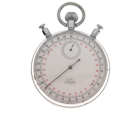 Large chrome plated stop watch, white dial marked Nero Lemania with red and black Arabic numbers and hands, top wound movemen
