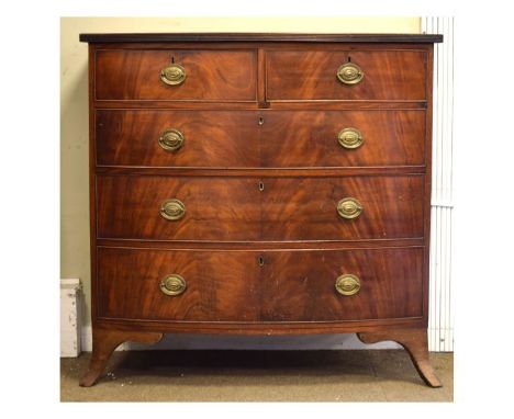 19th Century mahogany bow front chest of two short over three long drawers having splayed bracket feet, 111cm wide  