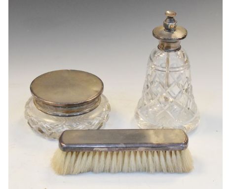 George VI glass dressing jar with silver lid, 2.1toz approx, silver backed brush and a glass perfume bottle with silver spray