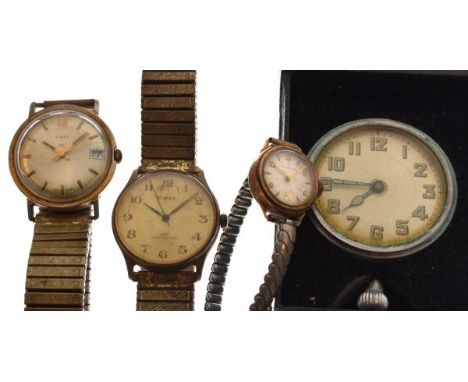 Art Deco folding desk or bedside clock with bottom-wound time piece movement, in folding case, together with two gentleman's 