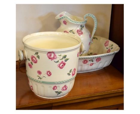 Early 20th Century Spode wash hand jug, basin and pail decorated with pink roses  
