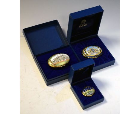 Three Halcyon Days enamel boxes - Buckingham Palace, St George's Chapel, Windsor (to celebrate the marriage of HRH The Prince