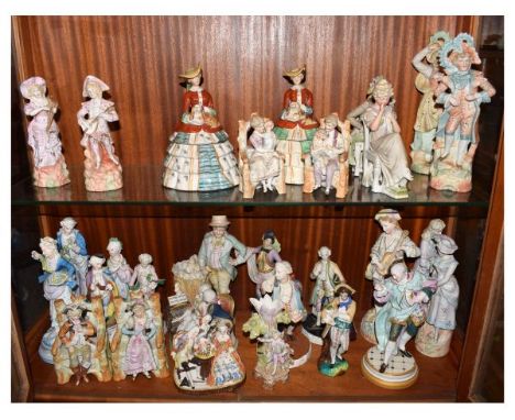 Large group of assorted ceramic figurines to include; Continental bisque pairs, etc  