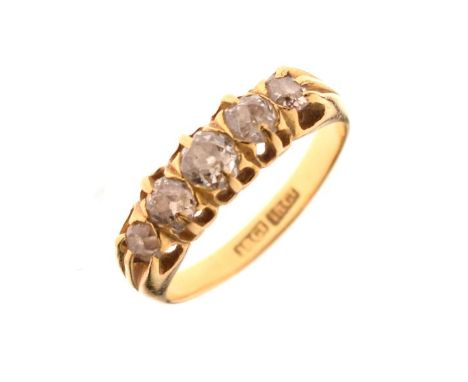 Yellow metal and five stone diamond ring, shank stamped 18ct, size O, 4.8g gross approx  