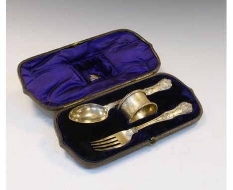 Victorian silver christening set of spoon, fork and napkin ring, London 1878, 4.8toz approx, in a silk lined presentation cas