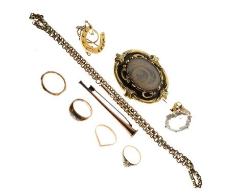 Group of gold and yellow metal jewellery to include; large Victorian mourning brooch with hair locket ornament, two bar brooc