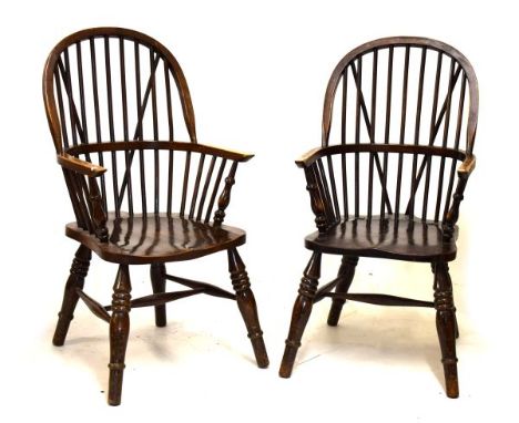 Pair of 20th Century beech and elm seat stick back Windsor armchairs, both having Air Ministry and Crown stamp beneath seat  