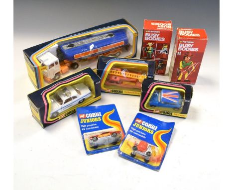 Six vintage Corgi die-cast model cars to include; 703 High Speed Fire Engine, 200 Mini 1000, 414 Coastguard Jaguar XJ12C, 116