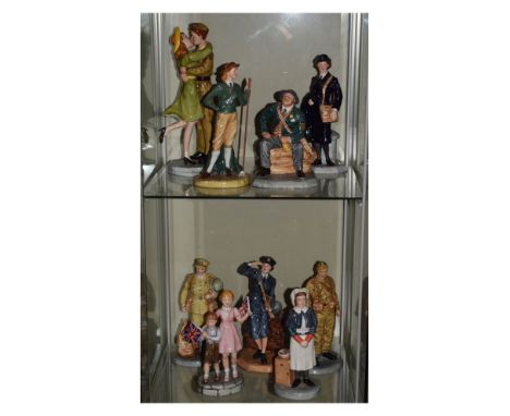 Group of nine Royal Doulton Classics wartime-related figures to include; The Hero Returns HN4698, 155/1500, Welcome Home HN46