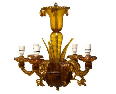 20th Century Italian (Venetian probably Murano) yellow glass six-branch ceiling light of blown design with flowerhead drops, 