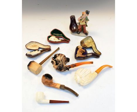 Tobacconalia - Quantity of carved meerschaum and other pipes, pipe stand etc  