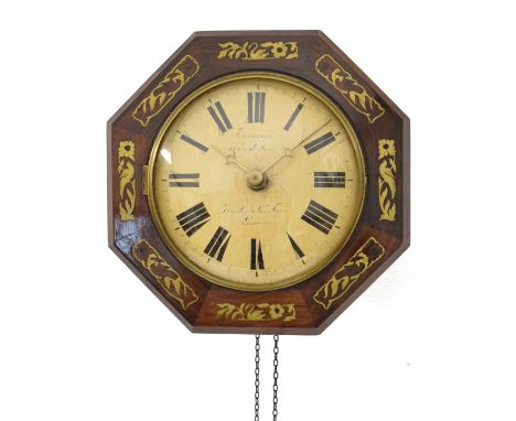 19th Century brass-inlaid rosewood-cased 'Black Forest' type Postman's Alarm style wall clock inscribed Fehrenbach, 13 East R