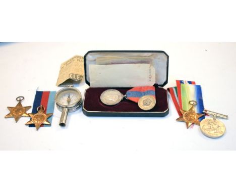 Medals - Group of four World War II medals, Imperial Service medal and pocket compass, 1939-1945 Star, Atlantic Star and Paci