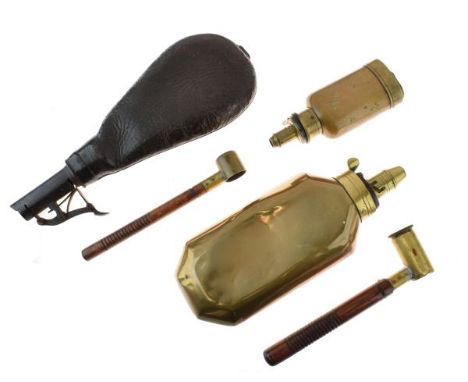 Gun Accessories - including brass powder flask, a smaller copper flask by Hawksley, two powder measures and a leather bodied 