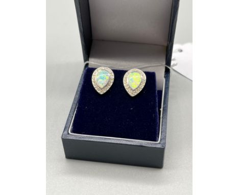 A Pair of silver stud earrings with opal panels. 