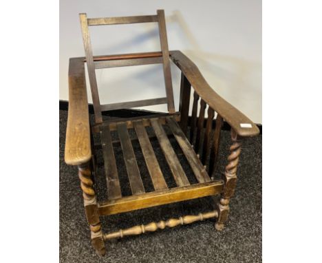 Antique/ Vintage oak relaxer chair frame. Designed with barley twist supports. 