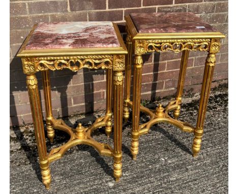 A Pair of antique/ vintage recency style gold leaf painted base and marble top side tables. [75x41x41cm] 
