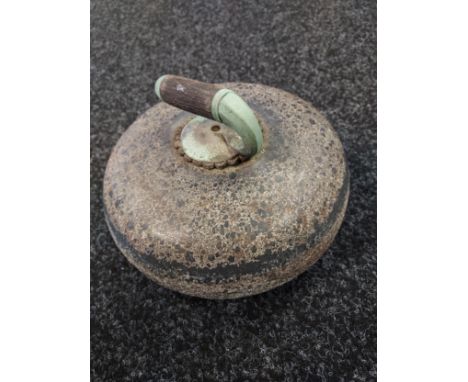 A Vintage Curling Stone With Wooden Handle