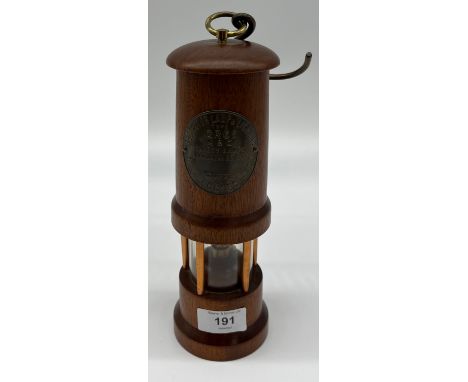 A Vintage hand made wooden minors lamp. Fitted with burner part and plaque for 'Eccles' 
