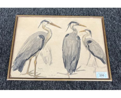 Antique Pencil sketch/ watercolour depicting Heron. Signed by the artist AJ and dated 1910. [Frame 26x36cm] 