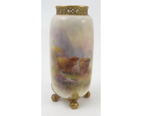 A Royal Worcester vase, hand painted with two Highland cattle in landscape by H Stinton, with pierced gilt neck and raised on