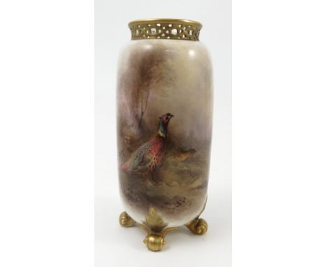 A Royal Worcester vase, decorated with a cock and hen pheasant in a landscape, with landscape panel to reverse, by Jas Stinto