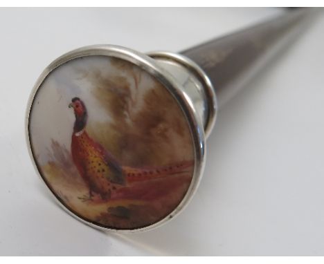 A walking cane, with hallmarked silver handle inset with a Royal Worcester porcelain plaque hand painted with a pheasant by J
