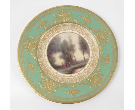 A Royal Worcester plate, decorated with a Corot scene by H Davis, to a green and gilt ground, made for LB King of Detroit Mic