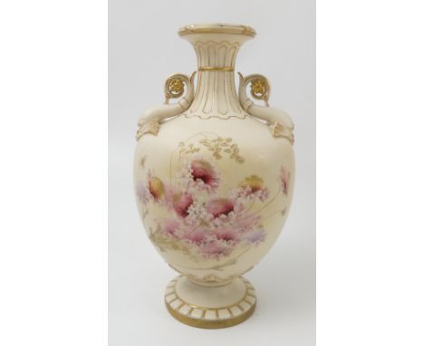 A Royal Worcester gilded ivory vase, decorated with flowers, with dolphin handles, shape number 1430, dated circa 1894, heigh