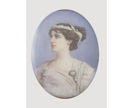 Ethel Webling, oval portrait miniature, watercolour on ivory, portrait of a woman in white dress with brooch, maximum diamete