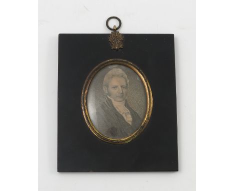 A 19th century printed portrait miniature, of a Gentleman, titled verso Chas. Maslen Hertford, in black frame with gilt metal