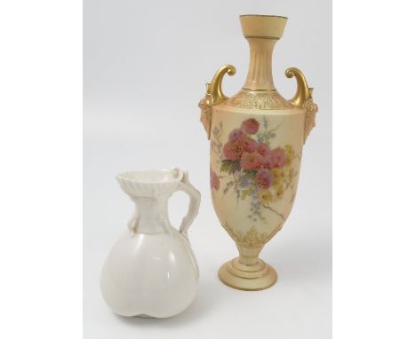 A Royal Worcester blush ivory vase, decorated with chrysanthemums, having mask handles, shape number 1759, dated circa 1900, 