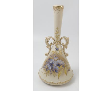 A Royal Worcester gilded ivory vase, decorated with blue flowers and gilt leaves, shape number 1432, dated circa 1890, height