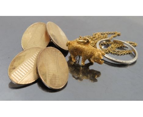 A 9ct gold pig charm, suspended on a 9ct gold necklace, with barrel clasp, weight 5g, together with a pair of silver gilt cuf