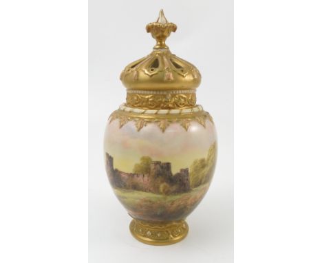 A Royal Worcester pot pourri, printed painted with a view of Bothwell Castle by H Davis, with inner and outer cover, shape nu