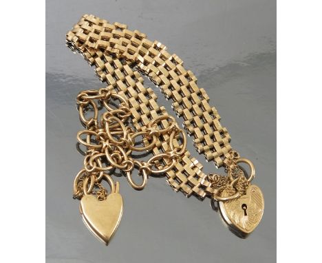 A 9ct gold bracelet, to a padlock clasp, together with a 9ct gold gate bracelet, weight 29g gross