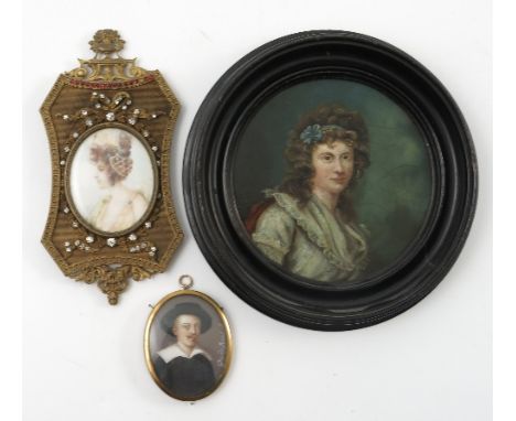 A late 19th century miniature, of a young girl with an ornate hat, diameter 2ins, together with a circular miniature on coppe