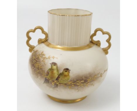 A Grainger's Worcester gilded ivory vase, decorated with yellow tits on a gilded branch, height 5ins