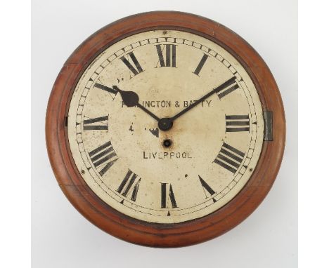 A Penlington & Batty mahogany cased circular wall clock, with enamel dial and Roman numerals, overall diameter 15ins