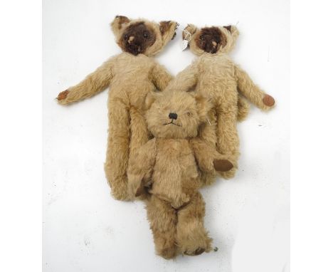 A Merrythought gold plush teddy bear, with stitched features, together with two other Merrythought gold plush bears