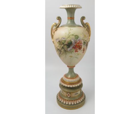 A Royal Worcester blush ivory pedestal vase, decorated with thistles and flowers, bearing the monogram of Edward Rayby, raise