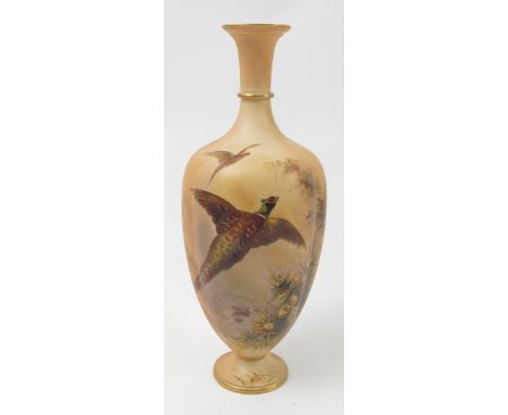 A Grainger's Worcester blush ivory vase, the quarter lobed body decorated with a flighting cock pheasant and foliage, shape n